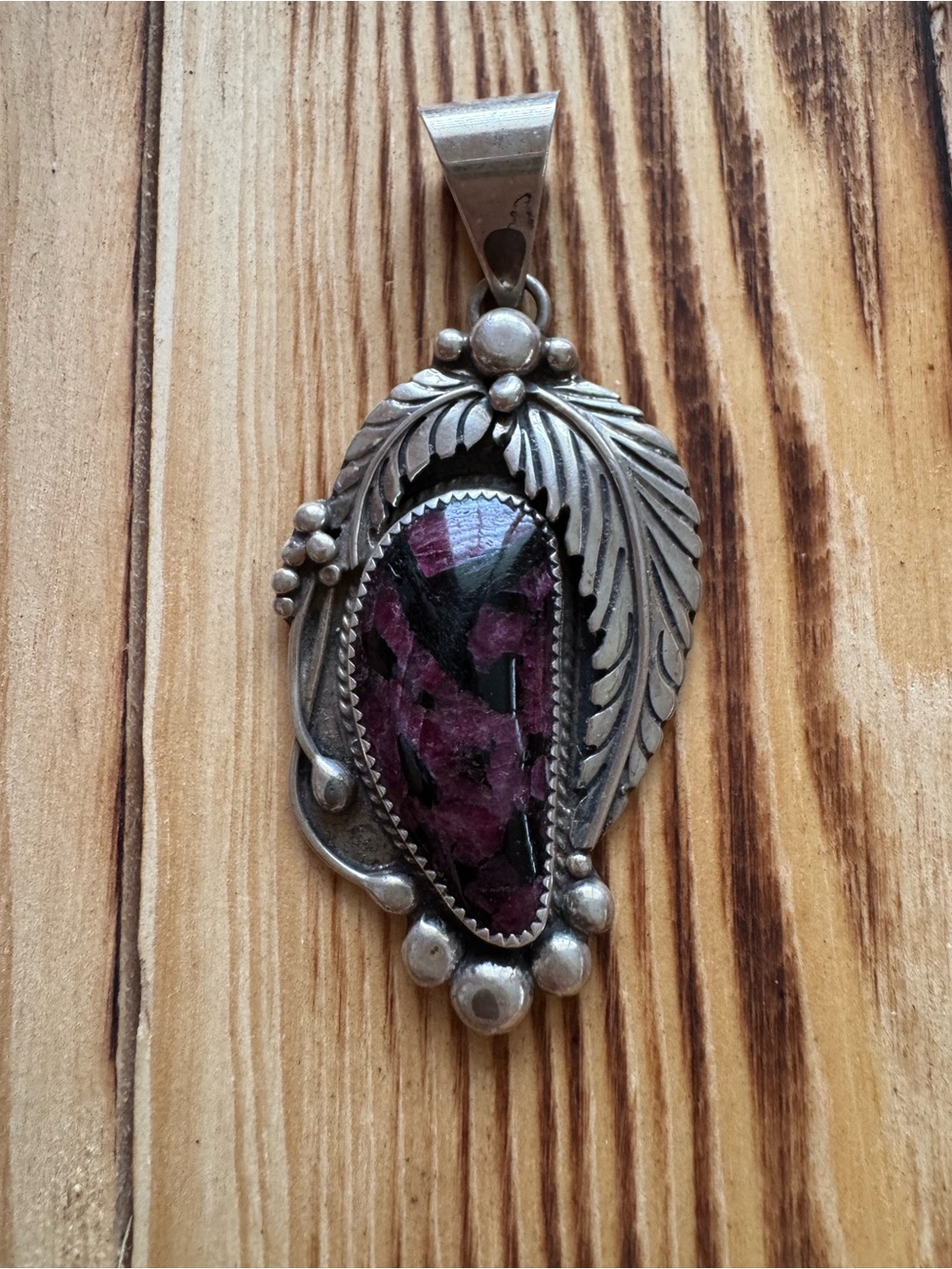 Vintage Sterling Silver Eudialyte Leaf Pendant